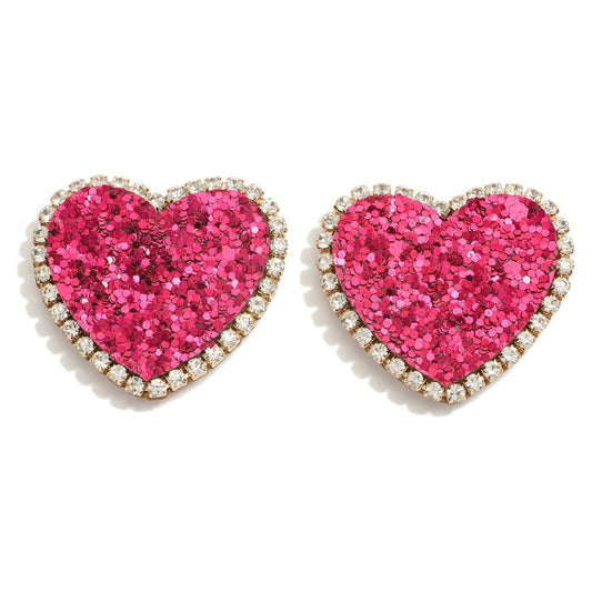 Glitter Heart Drop Earrings With Rhinestone Border Accent