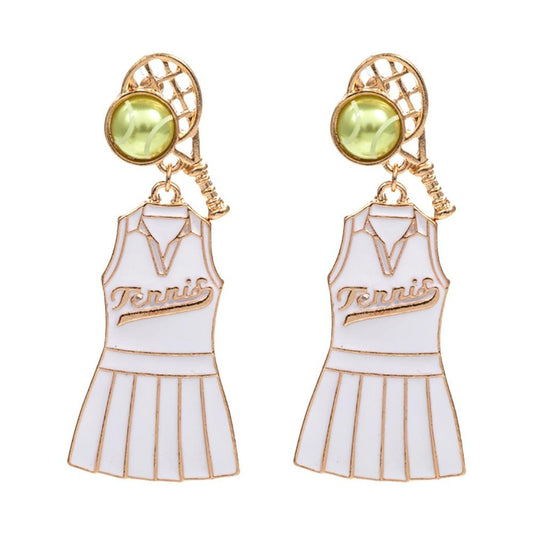 Enamel Coated Tennis Skirt Drop Earrings With Tennis Ball and Racket Posts