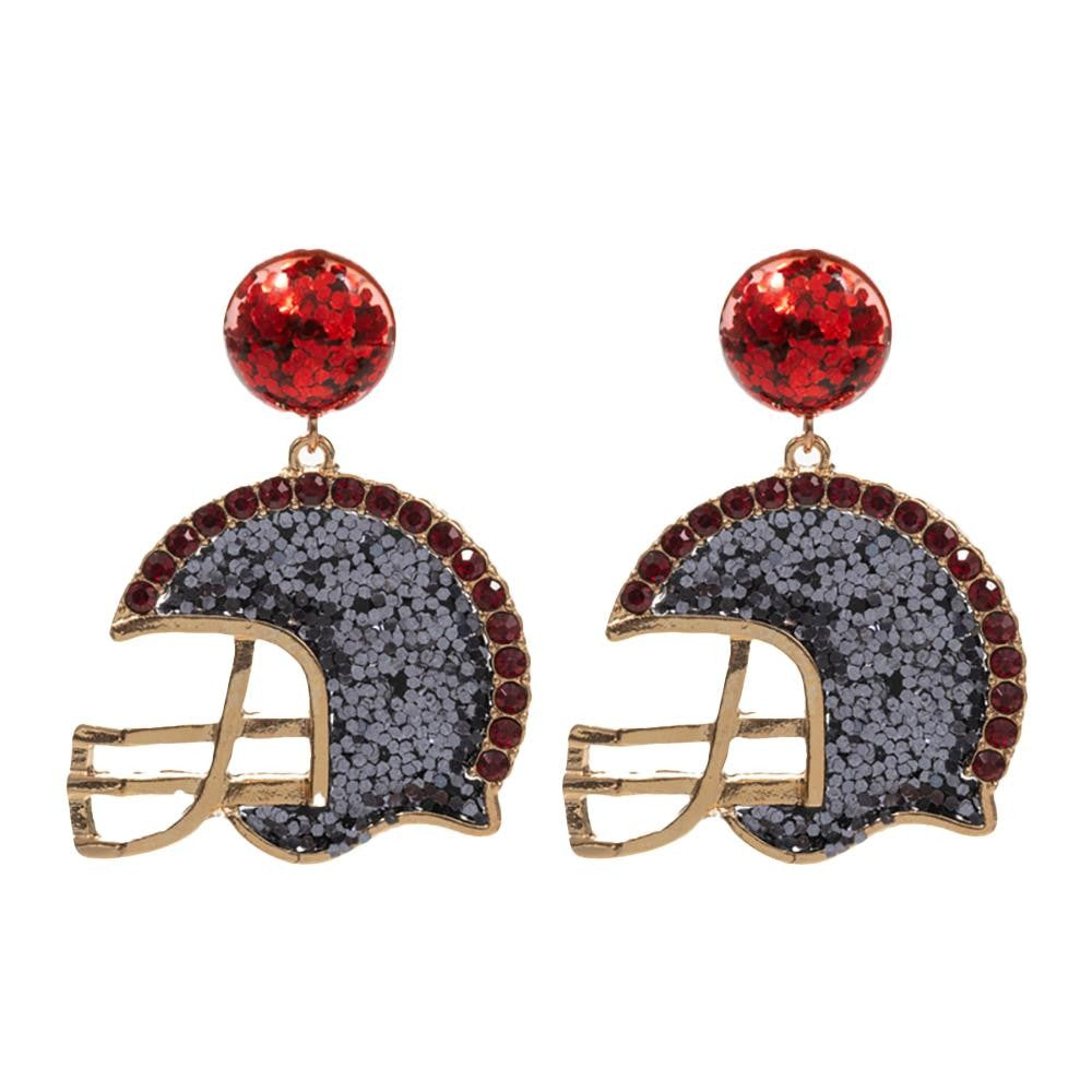 Burgudy and Grey Rhinestone And Glitter Football Helmet Drop Earrings