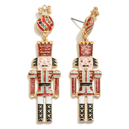 Glitter Accented Nutcracker Christmas Drop Earrings