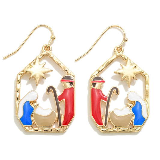 Enamel Coated Metal Nativity Drop Earrings - Gold