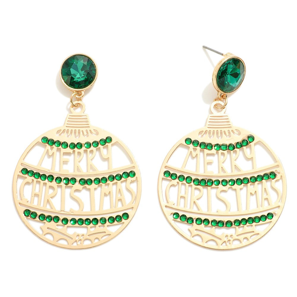 Metal Stamped 'Merry Christmas' Ornament Drop Earring - Green & Gold