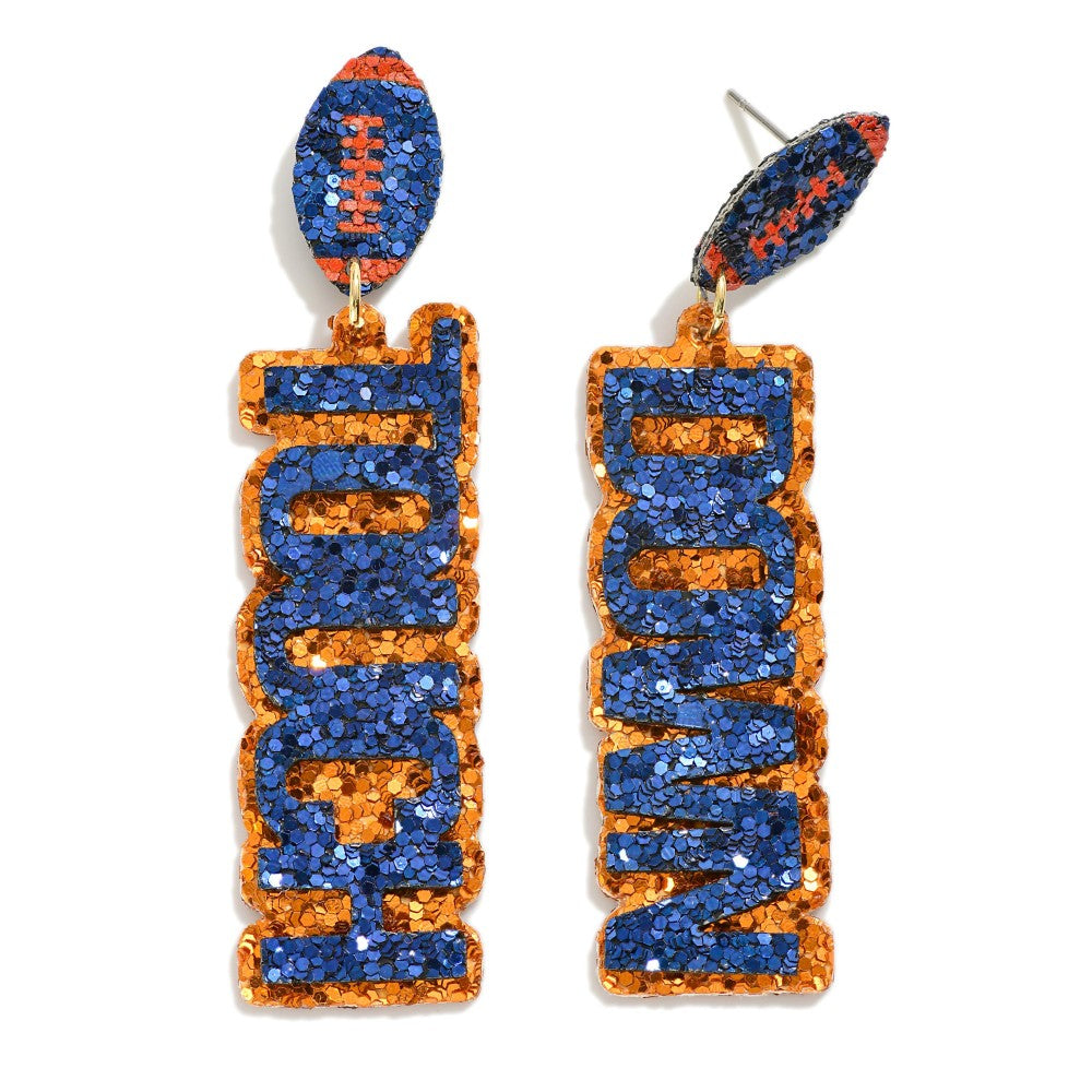 Blue And Orange Touch Down Glitter Football Drop Earrings