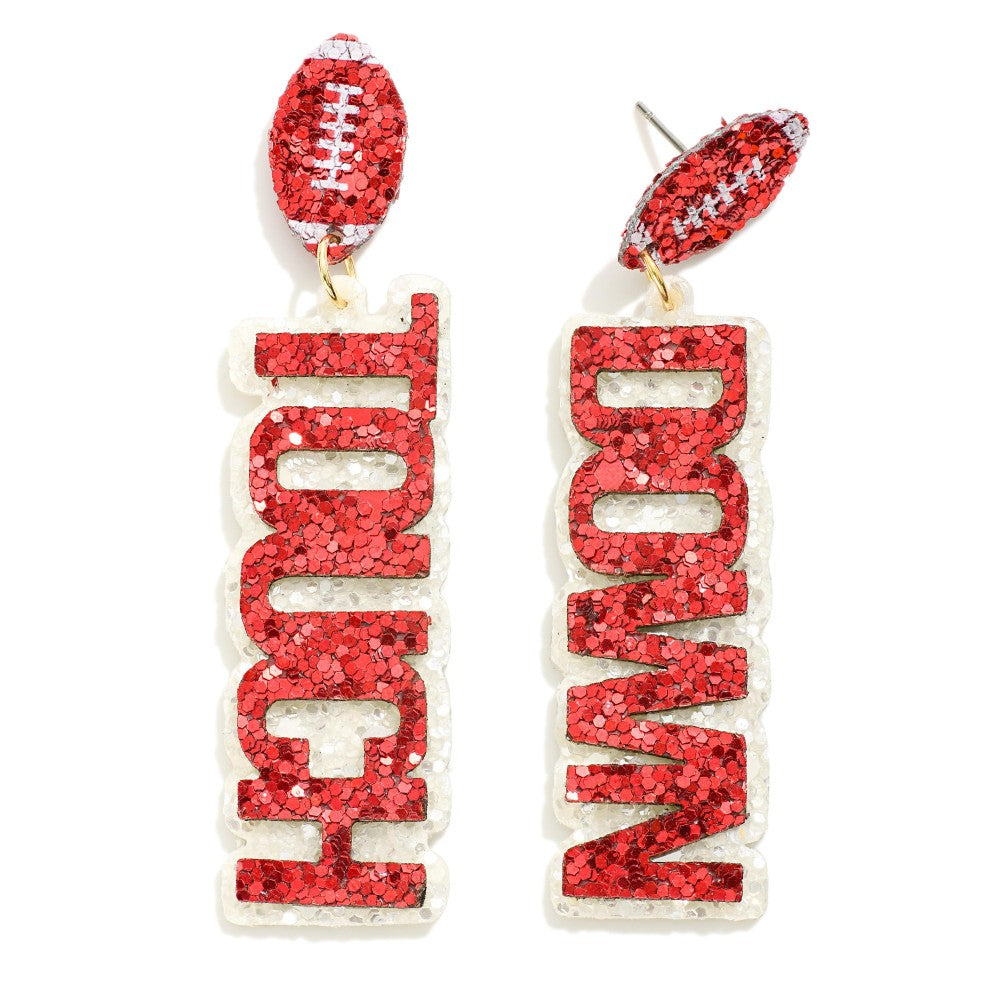 Red and White Touch Down Glitter Football Drop Earrings