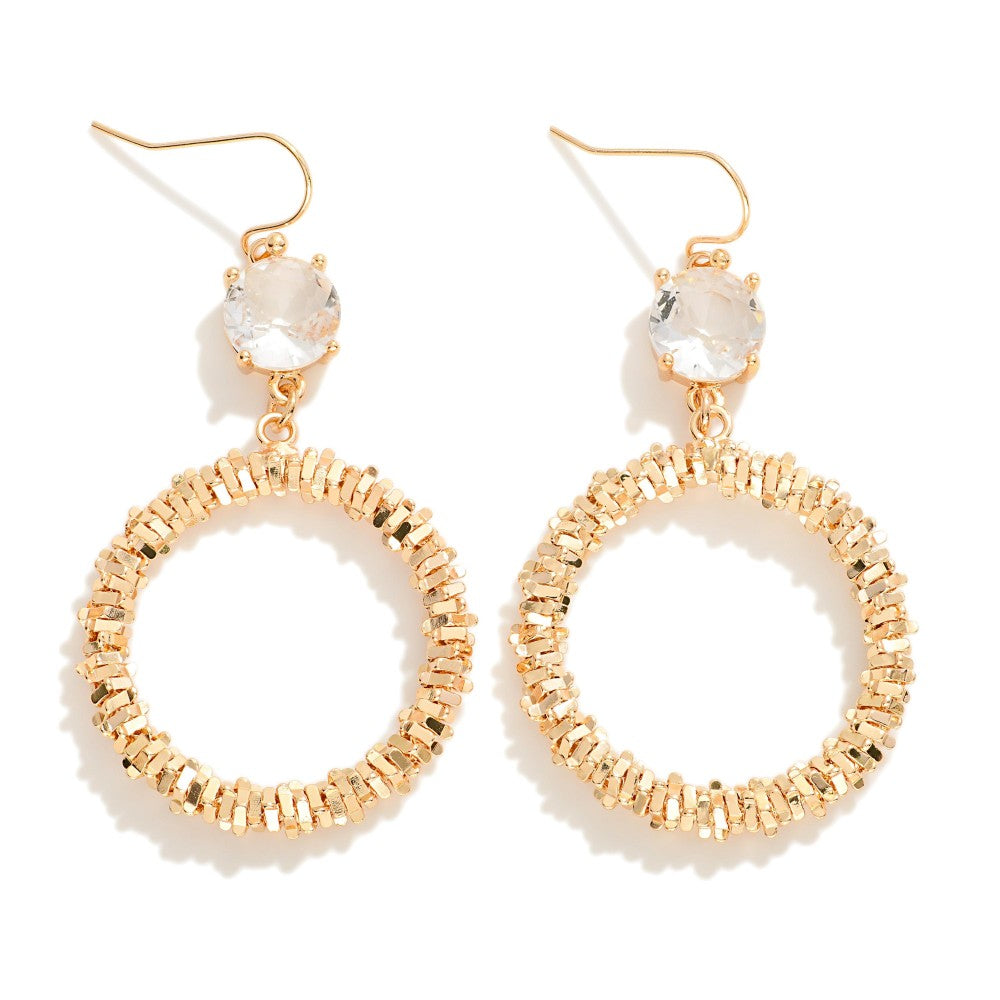 Crinkle Metal Hoop Drop Earrings With Glass Crystal Detail - Crystal