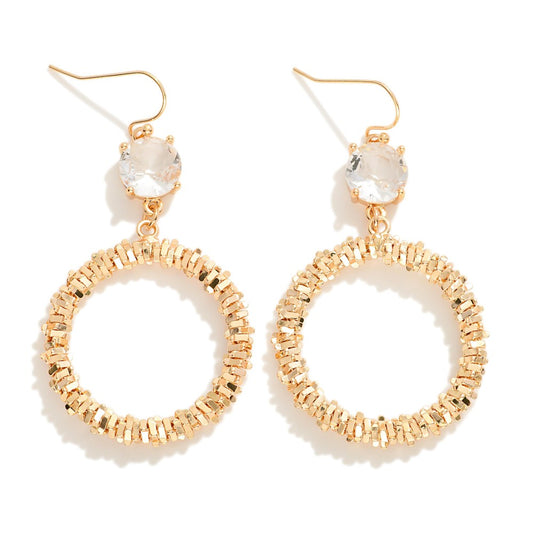 Crinkle Metal Hoop Drop Earrings With Glass Crystal Detail - Crystal