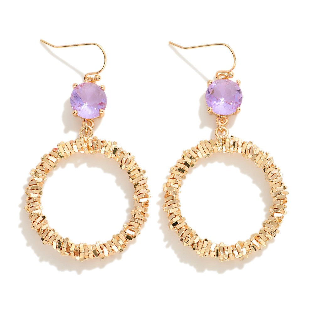 Crinkle Metal Hoop Drop Earrings With Glass Crystal Detail - Lavender