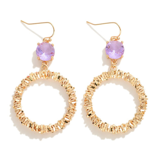 Crinkle Metal Hoop Drop Earrings With Glass Crystal Detail - Lavender