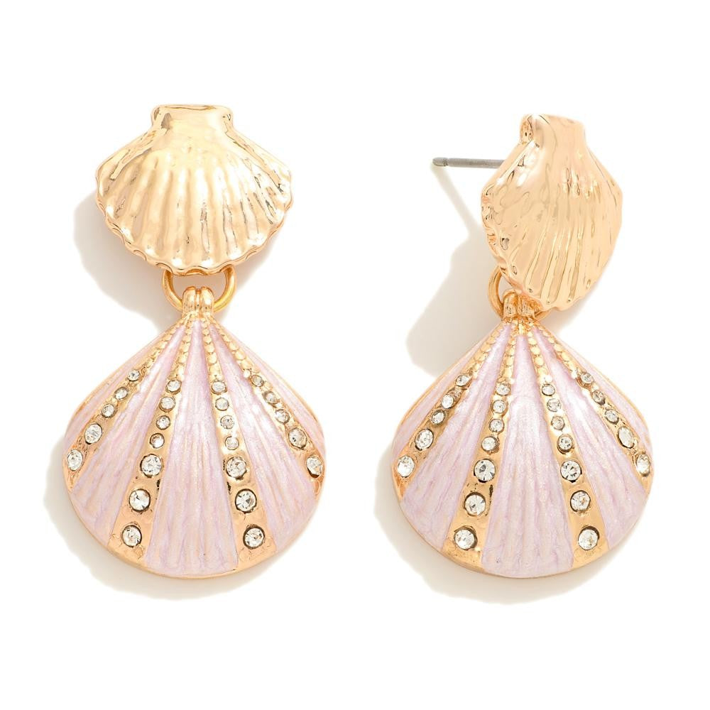 Linked Metal Shell Earrings With Rhinestone Detail - Pink
