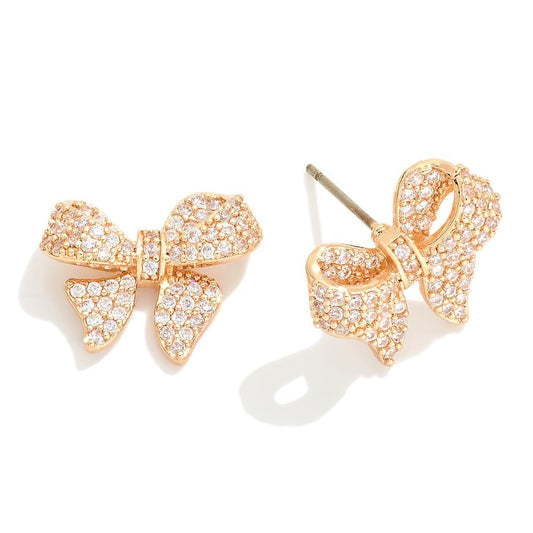 Metal Tone Cubic Zirconia Studded Bow Stud Earrings - Gold