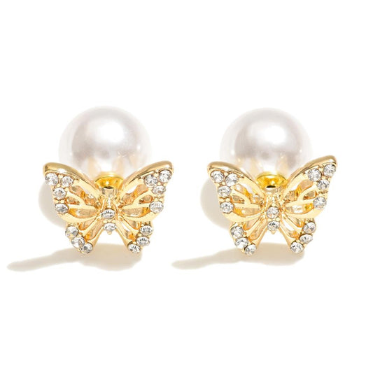 Metal Tone Butterfly Stud Earrings Featuring Pearl Back  - Gold