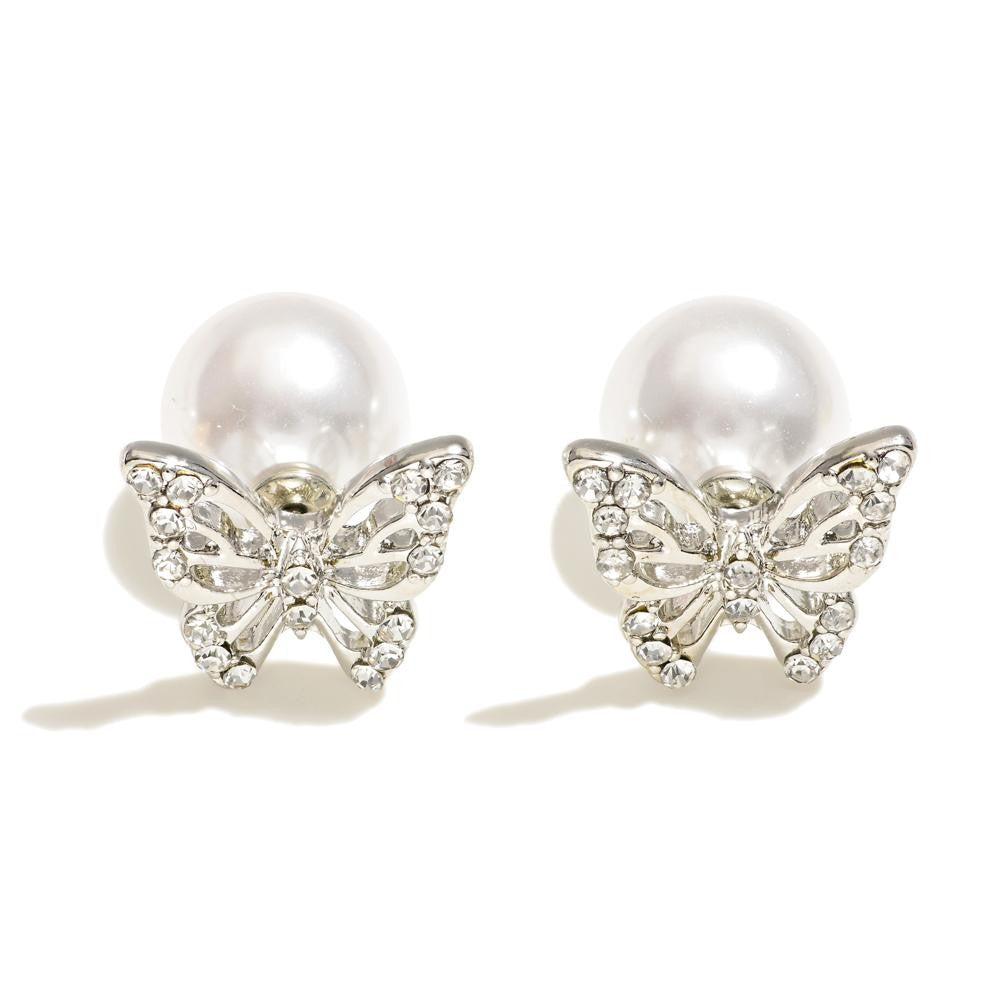 Metal Tone Butterfly Stud Earrings Featuring Pearl Back  - Silver