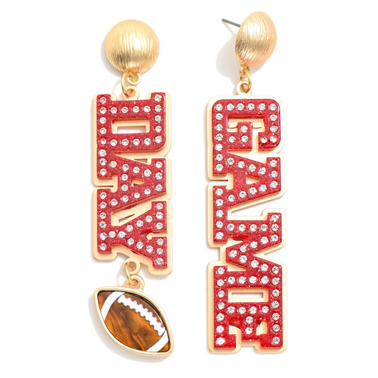 Burgundy & White Metal Backed Rhinestone Studded Glitter Acetate "Game Day" Drop Earrings With Football Charm