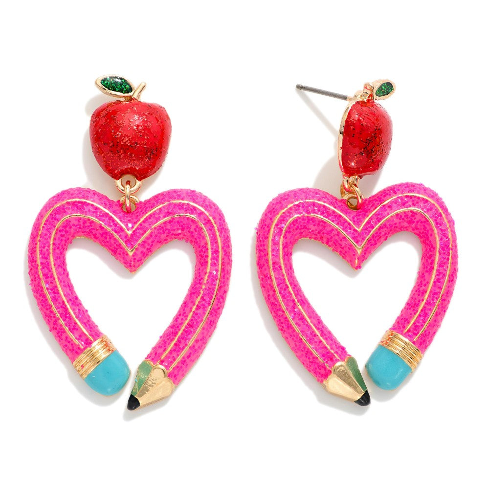 Painted Metal Pencil Heart Post Drop Earrings Featuring Apple Post & Glitter Details