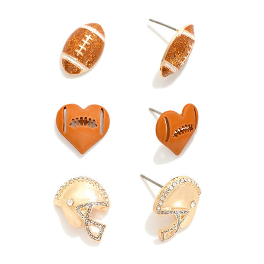 Set of Three Football Themed Stud Earrings