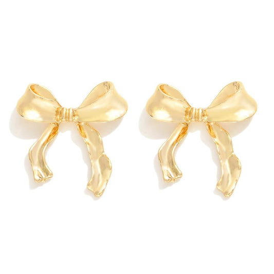 Glossy Metal Bow Stud Earrings - Gold
