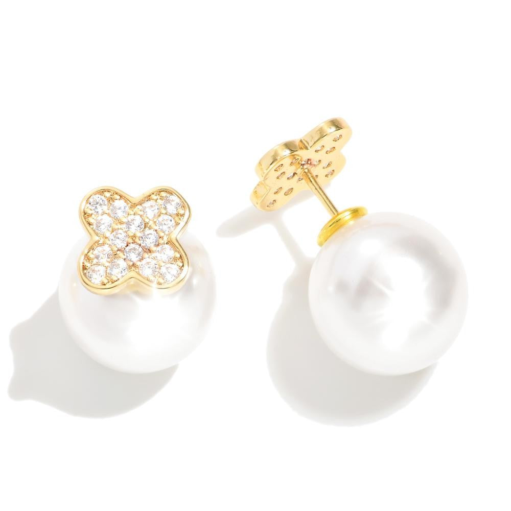 Gold Pave Clover Pearl Peekaboo Stud Earrings Crystal Quatrefoil
