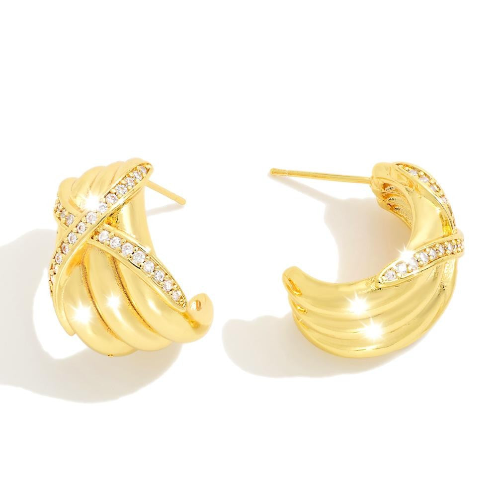 Do Everything In Love Ridged Hoop Earrings With Cubic Zirconia 'X' Detail - Gold