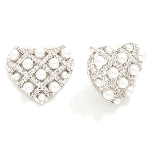 Do Everything In Love Pearl and Cubic Zirconia Studded Heart Earrings - Silver