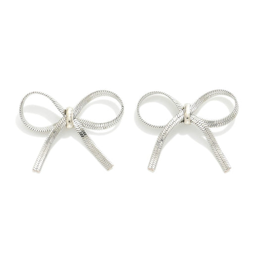 Metal Herringbone Chain Bow Post Drop Earrings - Silver