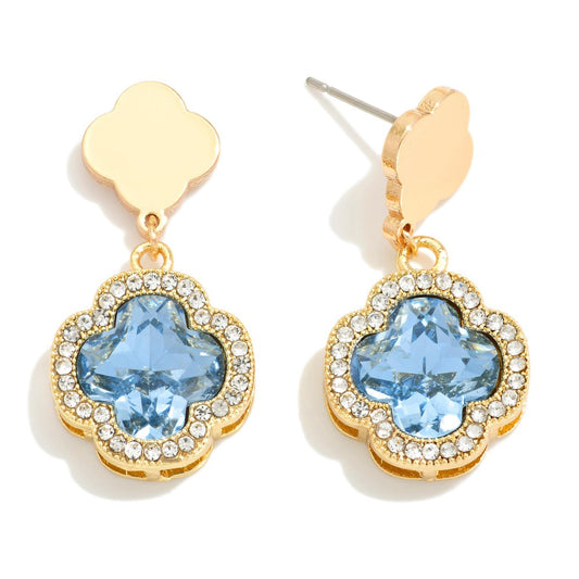 Glass Crystal Clover Drop Earrings With Rhinestone Border - Aqua