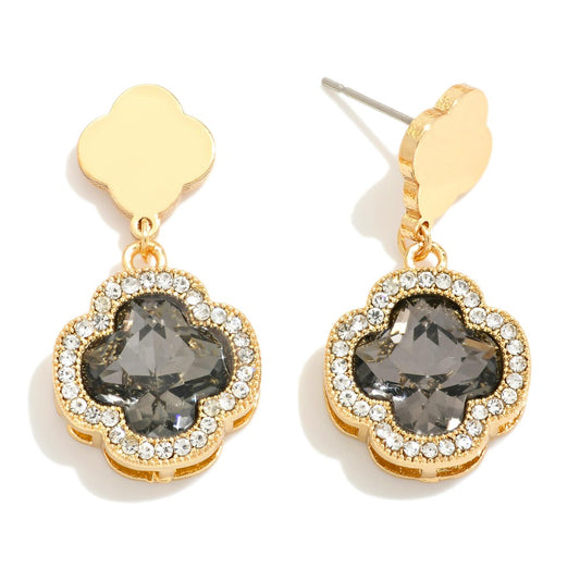 Glass Crystal Clover Drop Earrings With Rhinestone Border - Black