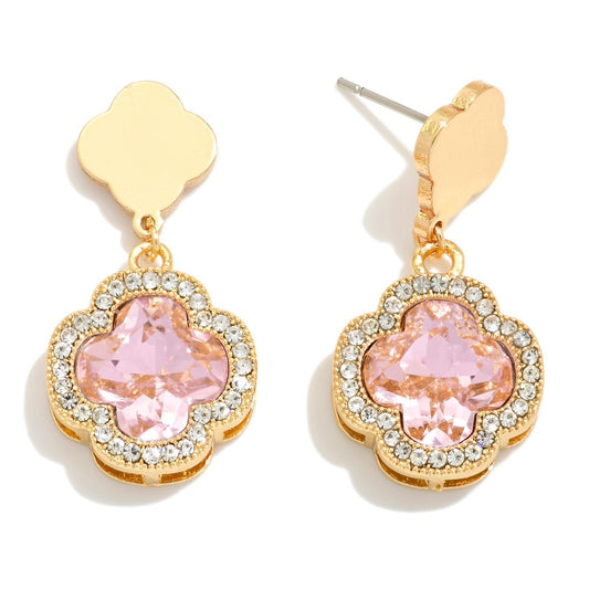 Glass Crystal Clover Drop Earrings With Rhinestone Border - Pink