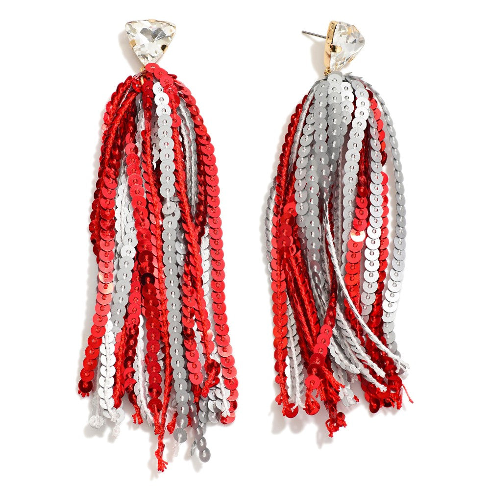 Long Sequin Tassel Game Day Drop Earrings With Rhinestone Stud Posts - Burgundy/Grey