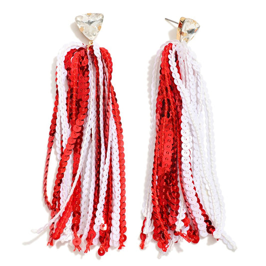 Long Sequin Tassel Game Day Drop Earrings With Rhinestone Stud Posts - Red White