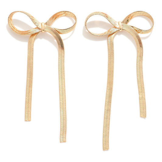 Long Metal Herringbone Chain Bow Earrings - Gold