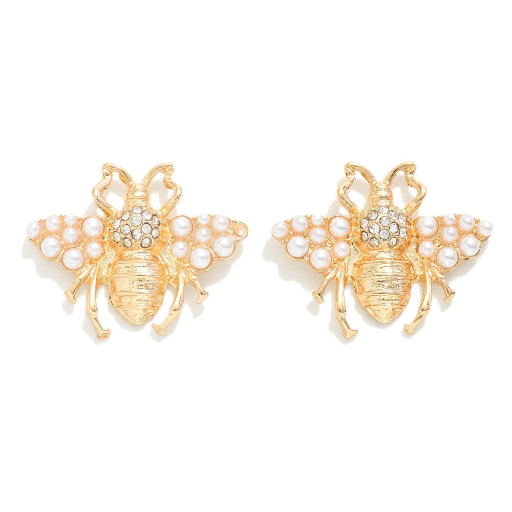 Metal Pearl and Rhinestone Studded Bee Oversized Stud Earrings - Gold