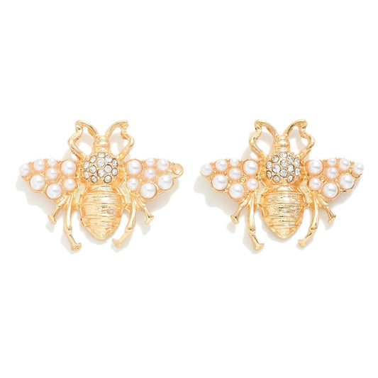 Metal Pearl and Rhinestone Studded Bee Oversized Stud Earrings - Gold