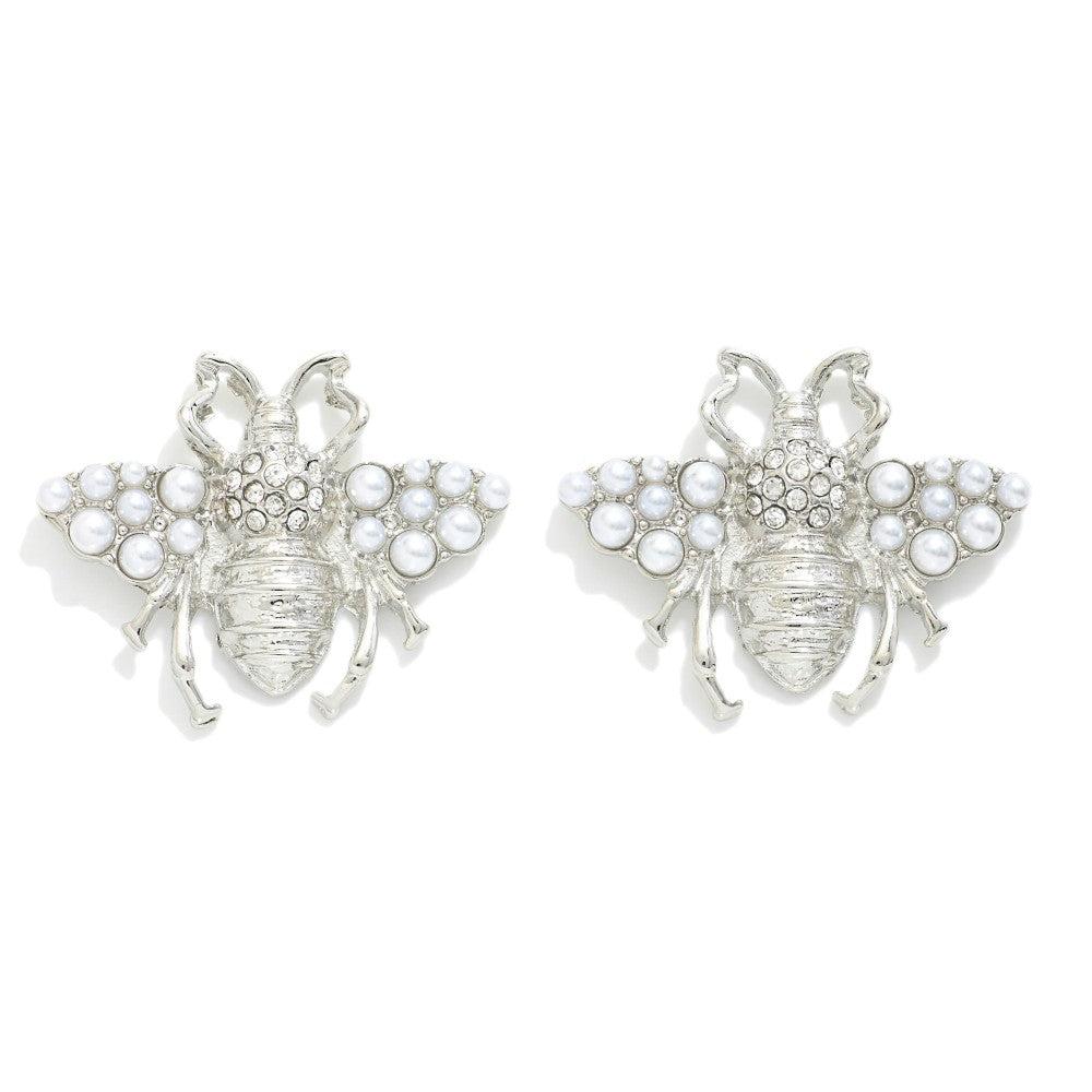 Metal Pearl and Rhinestone Studded Bee Oversized Stud Earrings - Silver