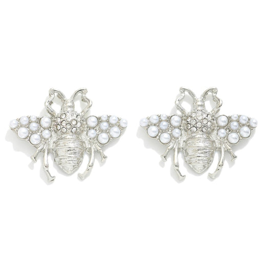 Metal Pearl and Rhinestone Studded Bee Oversized Stud Earrings - Silver