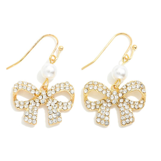 Rhinestone Studded Bow Drop Earrings With Pearl Detail - Gold