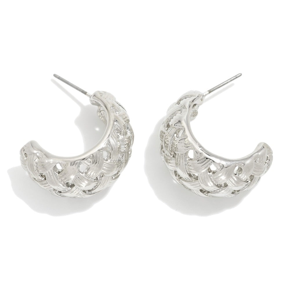 Metal Tone Basket Weave Hoop Earrings - Silver