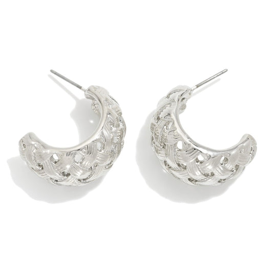 Metal Tone Basket Weave Hoop Earrings - Silver