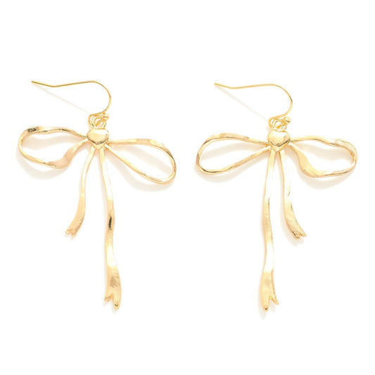 Metal Bow Drop Earrings - Gold
