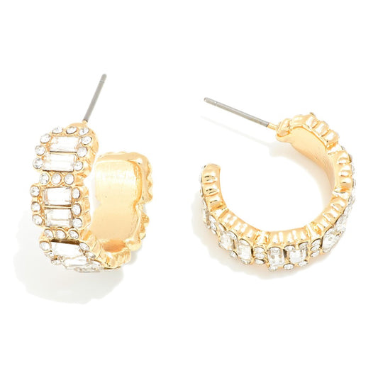 Rhinestone Studded Hoop Earrings - Gold