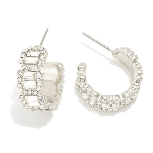 Rhinestone Studded Hoop Earrings Silver