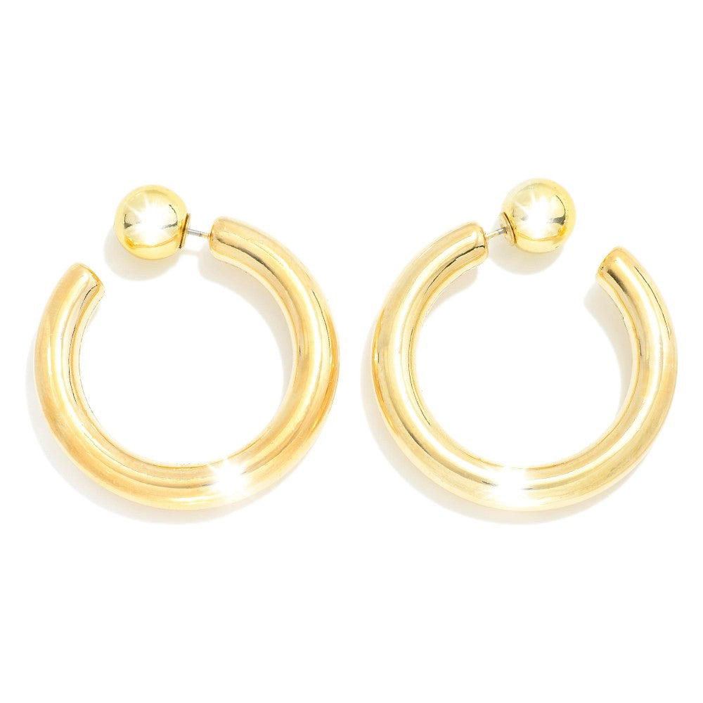 Metal Tone Hoop Earrings With Sphere Backer - Gold