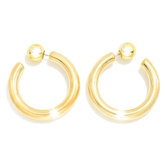 Metal Tone Hoop Earrings With Sphere Backer - Gold