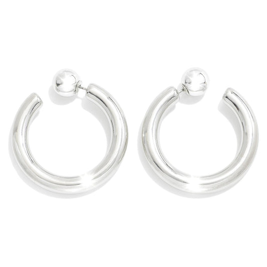 Metal Tone Hoop Earrings With Sphere Backer - Silver