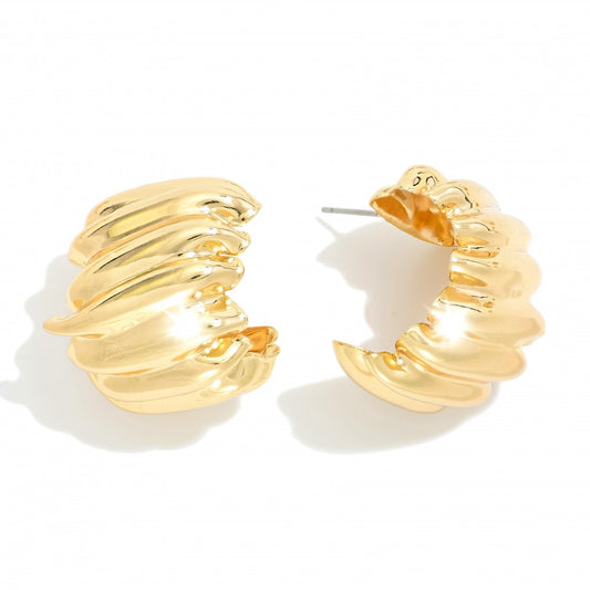 Chunky Wavy Ruffled Hoop Earrings - Gold