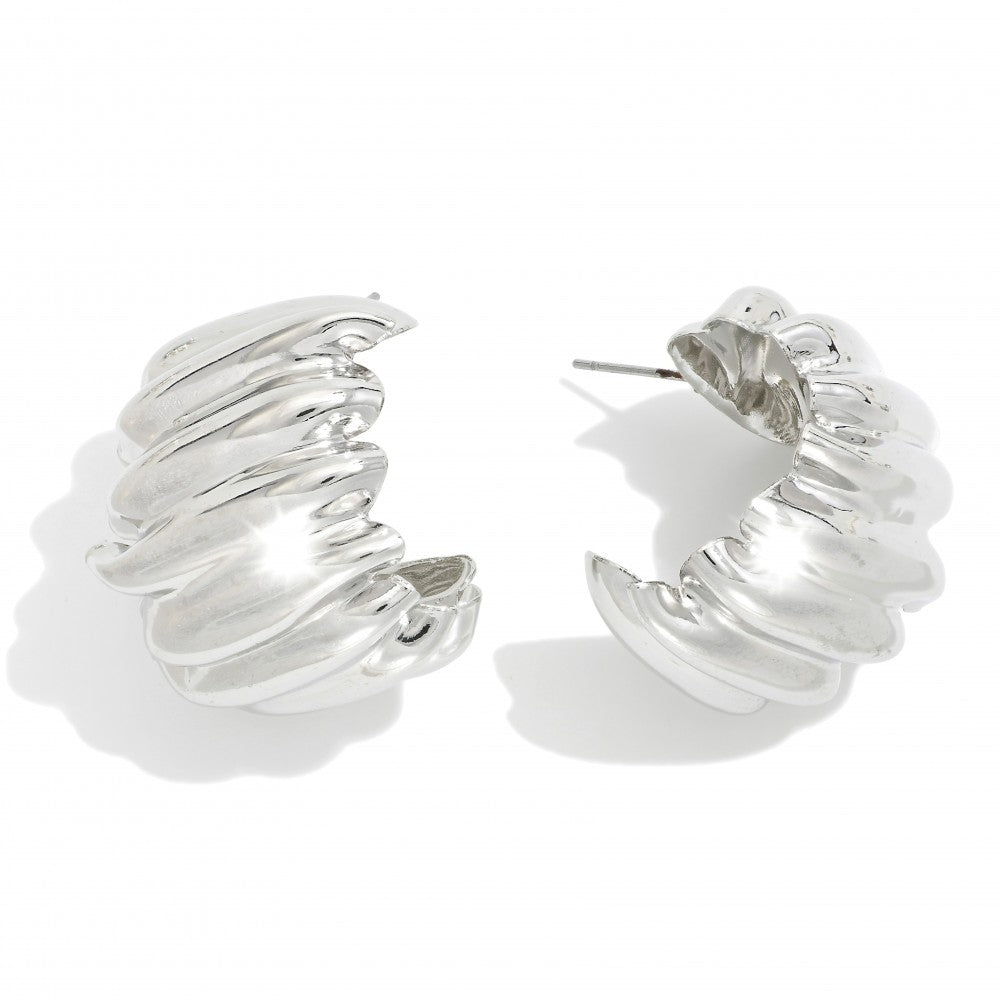 Chunky Wavy Ruffled Hoop Earrings - Silver