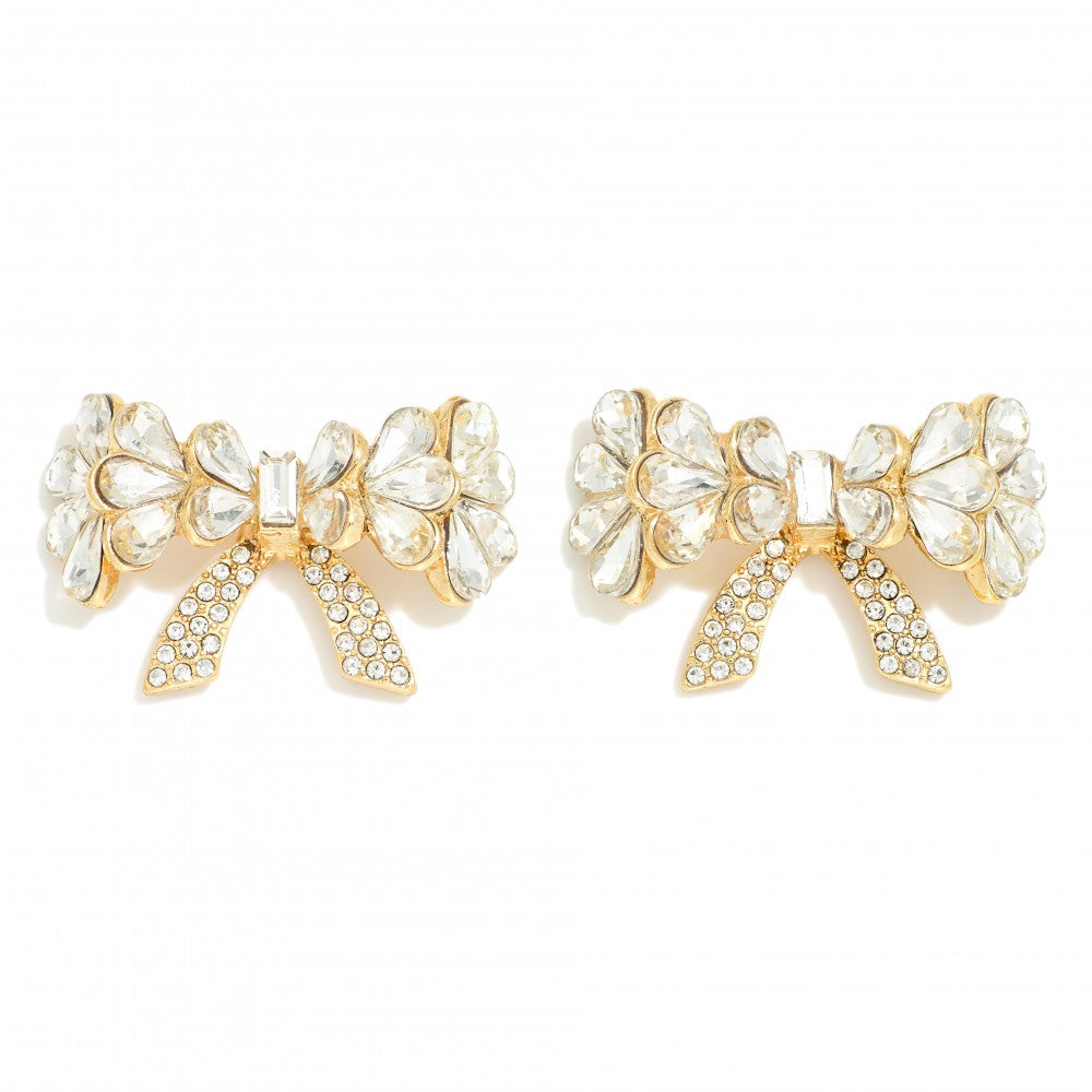 Teardrop Rhinestone Studded Bow Oversized Stud Earrings - Gold