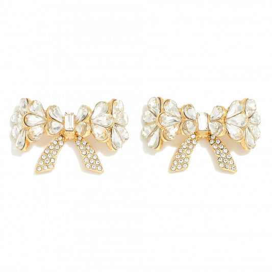 Teardrop Rhinestone Studded Bow Oversized Stud Earrings - Gold