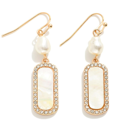 Pearlescent Rectangle Drop Earrings Featuring Linked Pearl & Rhinestone Details