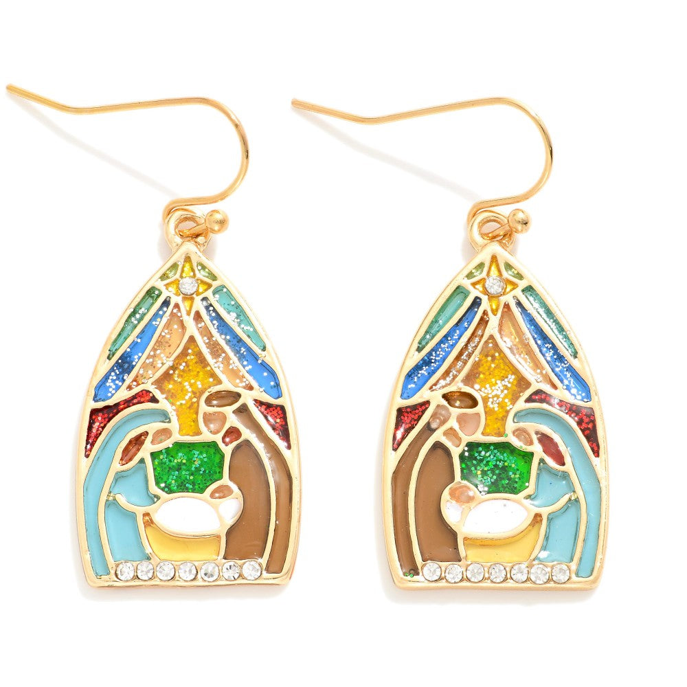 Stained Glass Christmas Scene Drop Earrings