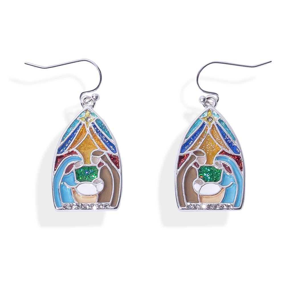 Stained Glass Christmas Scene Drop Earrings